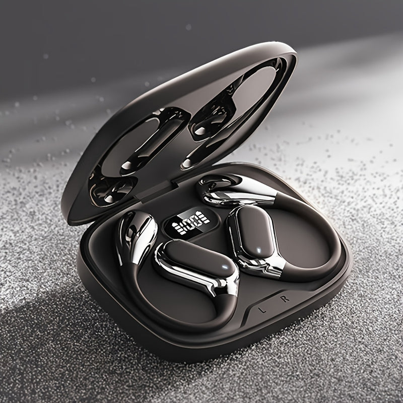 Open Ear Clip Headphones Wireless Non-In-Ear Hanging Sports Headphones for Running, Cycling and Car Use E-Sports Gaming Music Headphones with Long Standby Time Large Capacity Charging Case Smart Digital Display