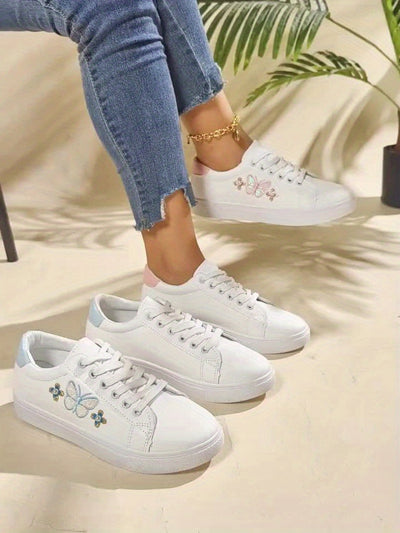 Women's Butterfly Pattern Sneakers, Casual Lace Up Outdoor Shoes, Lightweight Low Top Faux Leather Shoes