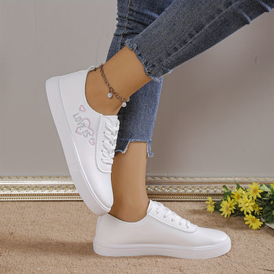 Women's Heart Pattern Sneakers, Casual Lace Up Outdoor Shoes, Comfortable Low Top Faux Leather Shoes