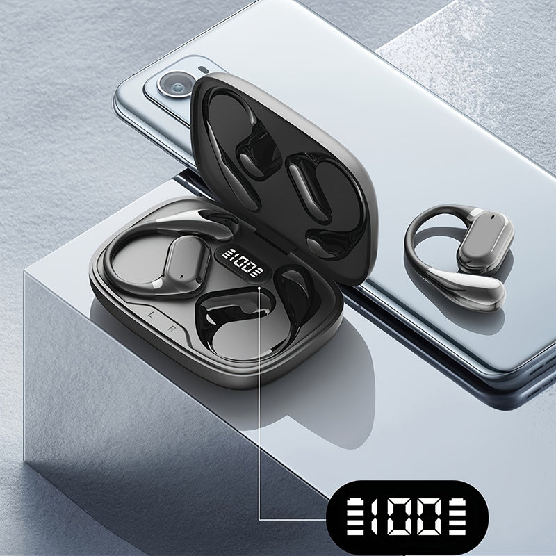 Open Ear Clip Headphones Wireless Non-In-Ear Hanging Sports Headphones for Running, Cycling and Car Use E-Sports Gaming Music Headphones with Long Standby Time Large Capacity Charging Case Smart Digital Display