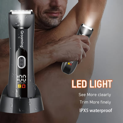 Men's & Women's Body Hair Trimmer, Men’s Groin Shaver with IPX5 Waterproof Rating and R-Sharp Ceramic Blade Head, 2 Size Combs Included. USB Rechargeable Electric Grooming Kit for Chest, Legs, Underarms Bikini Area – LED
