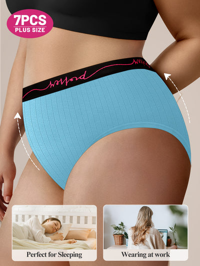 7pcs Pack Plus Size Underwear, Oversized Women'S Panties with Mid-Rise, Letter Waistband, Vertical Stripe, Soft Version, High Elasticity, Tummy Control, Waist Cinching, Shapewear for Yoga, Sports, And Fitness, Featuring a Sil