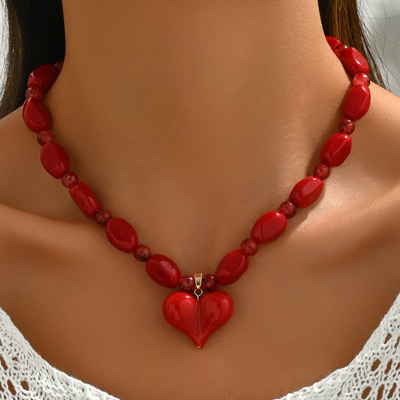1pc Red Glass Bead Necklace with Heart Pendant - Elegant & Sexy Glossy Beads, Valentine&