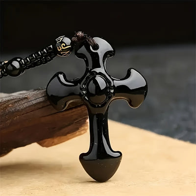 1pc obsidian necklace with a religious cross lucky symbol pendant and paired with a black synthetic Synthetic Gemstone chain, suitable for gifts for men and women.