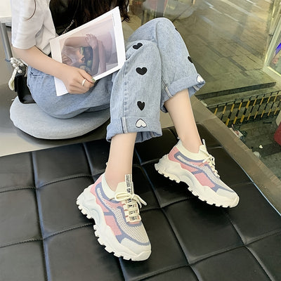 Women's Breathable Mesh Platform Sneakers, Casual Lace Up Outdoor Shoes, Comfortable Lwo Top Sport Shoes