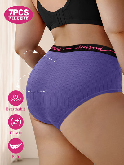 7pcs Pack Plus Size Underwear, Oversized Women'S Panties with Mid-Rise, Letter Waistband, Vertical Stripe, Soft Version, High Elasticity, Tummy Control, Waist Cinching, Shapewear for Yoga, Sports, And Fitness, Featuring a Sil