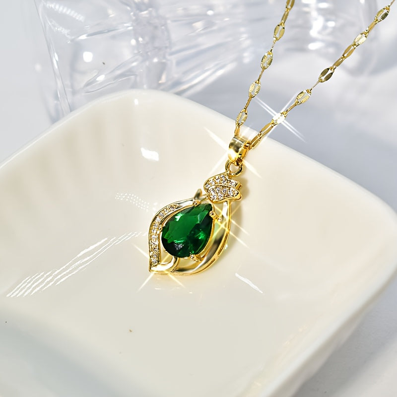 Stainless Steel Necklace with Green Water Drop Pendant - Elegant Geometric Design, Perfect for Daily Wear or Gifting, Ideal for Boys and Girls, Everyday Jewelry|Modern Minimalist|Durable Jewelry, For Teenager