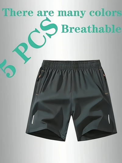 5pcs Men'S Outdoor Sports Quick-Dry Shorts, Breathable Comfort Polyester Blend with Zipper Pockets and Drawstring, Featuring Silvery Reflective Strips, Elastic Waistband, Suitable for Climbing, Tennis, Running, and Outdoor Ac