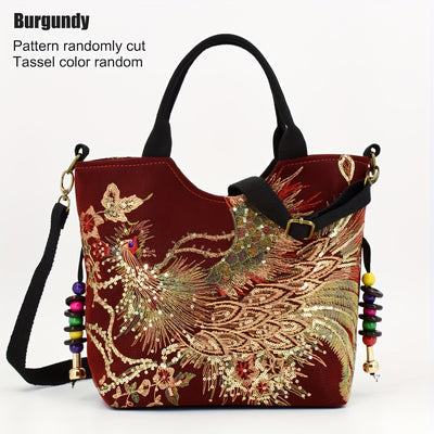 Wo 'S Embroidered Satchel Bag, Fashion Double Handle Purse, Retro Style Handbag with Removable Strap