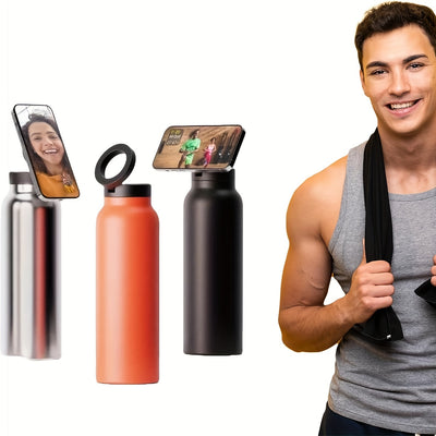 1pc Stainless Steel Insulated Water Bottle with Car Cup Holder & Phone Stand - Thick, Durable for Outdoor Sports