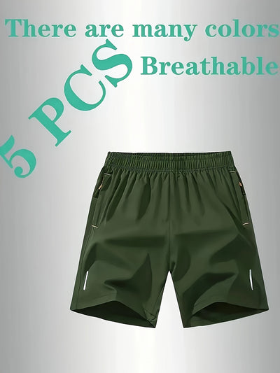 5pcs Men'S Outdoor Sports Quick-Dry Shorts, Breathable Comfort Polyester Blend with Zipper Pockets and Drawstring, Featuring Silvery Reflective Strips, Elastic Waistband, Suitable for Climbing, Tennis, Running, and Outdoor Ac