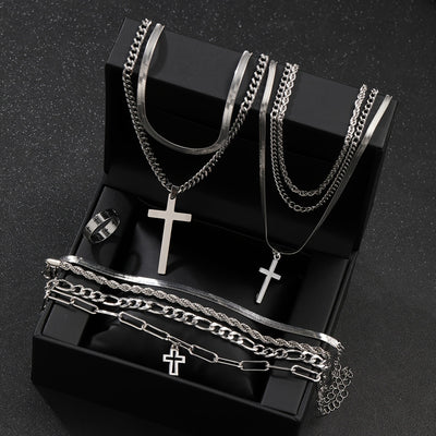 10pcs Casual Stainless Steel Cross Bracelet Necklace Ring Set for Men, Perfect for Vacation or Daily Wear, Gift Idea (No Box Included)