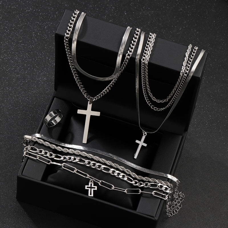 10pcs Casual Stainless Steel Cross Bracelet Necklace Ring Set for Men, Perfect for Vacation or Daily Wear, Gift Idea (No Box Included)
