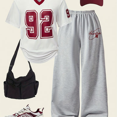 2pcs Casual Stylish ' Set with Digital Pattern, V-Neck Short Sleeves, And Wide-Leg Sports Pants.
