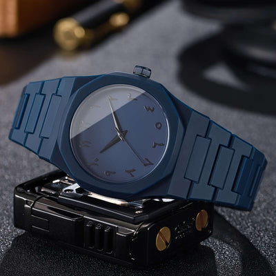 1pc Men'S Fashionable Quartz Watch with Arabic Numerals, Blue Dial & Black Strap - Stylish Minimalist Design, Battery-Powered, Non-Rechargeable, Includes Watch Box (Box Not Included), Everyday Timepiece, Sleek Watch Face, Dur