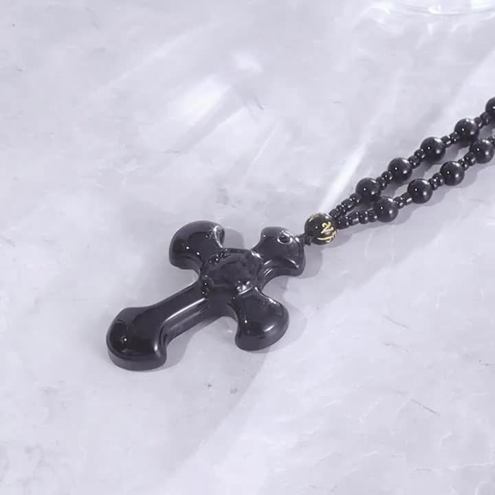 1pc obsidian necklace with a religious cross lucky symbol pendant and paired with a black synthetic Synthetic Gemstone chain, suitable for gifts for men and women.