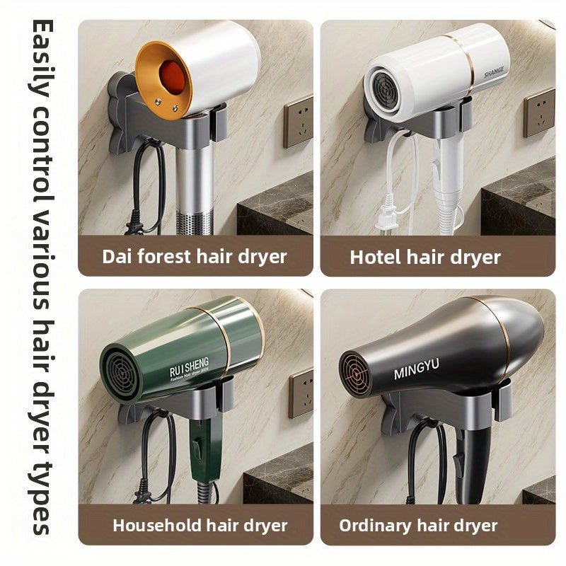 Space-Saving Wall-Mounted Hair Dryer Holder - No Drilling Required, Easy Installation, Compatible with Various Hair Dryer Models for Home & Bathroom Organization, Sleek Black Design with Metallic Accents, Durable Plastic Cons