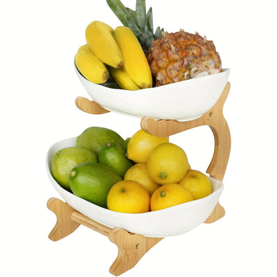 2/3-Tier Fruit Basket with Wooden Stand - Kitchen Organizer for Fruits & Vegetables,Home decor,fruit basket for kitchen counter,Large-Capacity Layered Fruit Basket,European-Style Dried Fruit Tray, Bamboo Wooden Rack Household