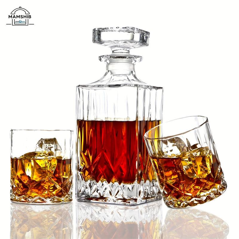 MAMSHIB 3pcs Whiskey Decanter Set 7pcs - Elegant Glass Spirits Carafe with Pour Spout& Stopper - Premium Roostertail& Liquor Decanting Kit for Bourbon, Scotch, Rum - Ultimate Barware Gift Set for Home Bars, Parties, Holidays&