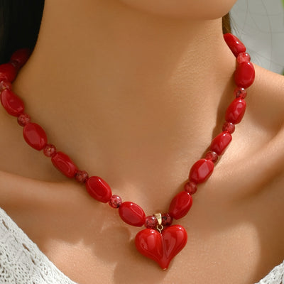 1pc Red Glass Bead Necklace with Heart Pendant - Elegant & Sexy Glossy Beads, Valentine's Day Gift for Women, Party Jewelry, Year-Round Wear, Special Occasion Jewelry, Glamorous Jewelry, Highquality Jewelry, Beaded Jewelry, R