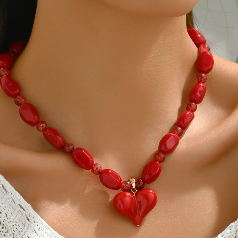 1pc Red Glass Bead Necklace with Heart Pendant - Elegant & Sexy Glossy Beads, Valentine&