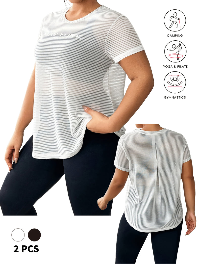 Plus Size Fashion Sports Yoga Letter Print Striped Mesh T-Shirt Two-Piece Set