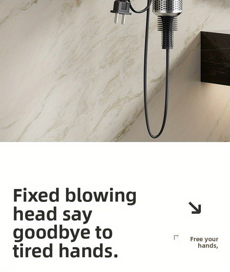 Space-Saving Wall-Mounted Hair Dryer Holder - No Drilling Required, Easy Installation, Compatible with Various Hair Dryer Models for Home & Bathroom Organization, Sleek Black Design with Metallic Accents, Durable Plastic Cons