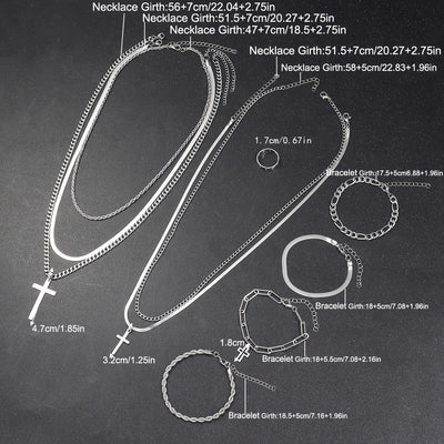 10pcs Casual Stainless Steel Cross Bracelet Necklace Ring Set for Men, Perfect for Vacation or Daily Wear, Gift Idea (No Box Included)
