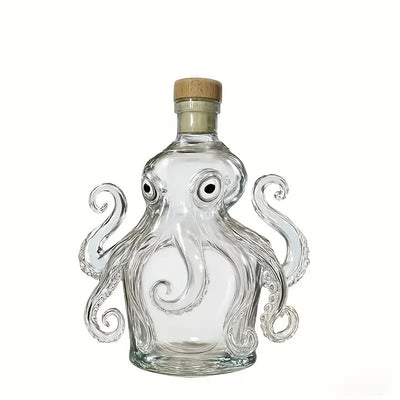 Octopus-Shaped Wine & Whiskey Decanter with Reusable Glass Cup - 300ml Elegant Squid Design with Tentacle Stopper, Clear Glass Mini Portable Bottle for Home, Parties, Halloween & Christmas Gifts - Durable Glass Construction,