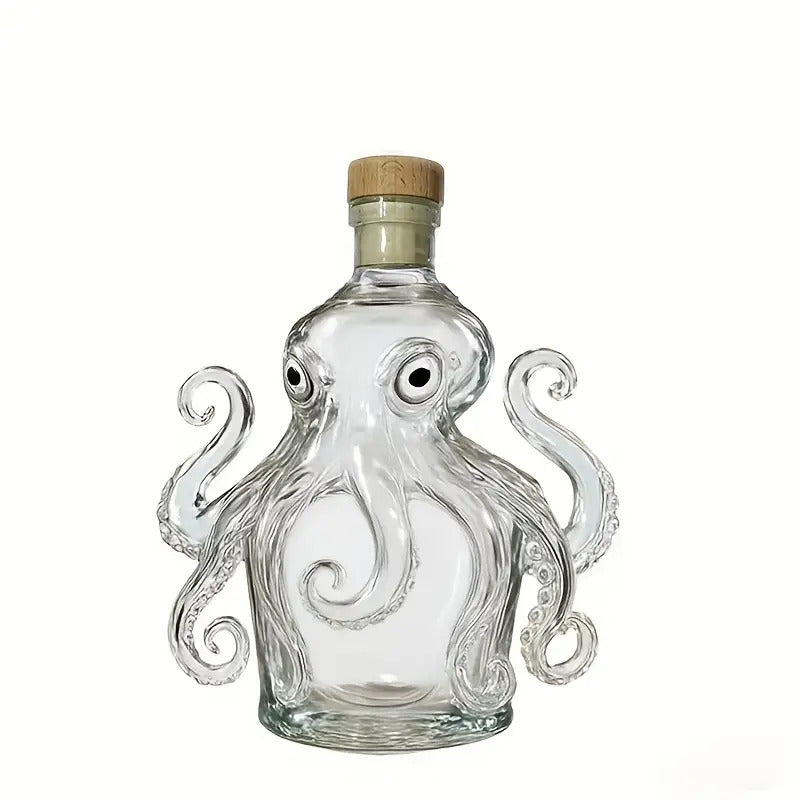 Octopus-Shaped Wine & Whiskey Decanter with Reusable Glass Cup - 300ml Elegant Squid Design with Tentacle Stopper, Clear Glass Mini Portable Bottle for Home, Parties, Halloween & Christmas Gifts - Durable Glass Construction,