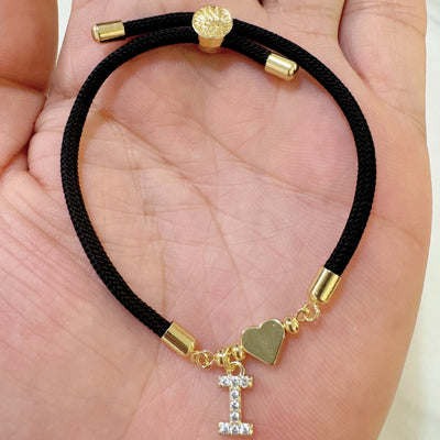18K Golden Plated Heart Charm Bracelet with Synthetic Zirconia Letter Pendants A-Z, Simple Classic Black Polyester Cord, Adjustable for Daily Wear and Gift-Giving