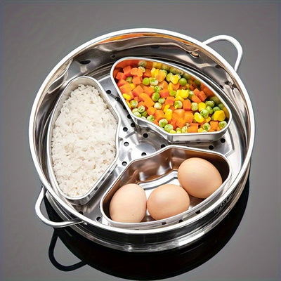 3-Piece Stainless Steel Steamer Insert Set, Fan-Shaped Divided Cooking Pans for Rice, Eggs, and Vegetables, No Electricity Needed, Kitchen Essentials