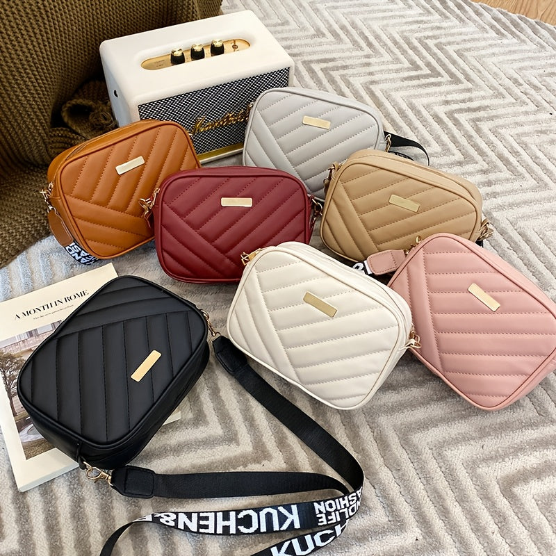 Fashionable Twill Crossbody Bag for Women - Small Square Shoulder Bag with Mobile Phone and Wallet Compartments, Available in Khaki, Brown, Gray, White, Pink, Black - PU Material with Polyester Lining, Zip Closure, Simple, Ne