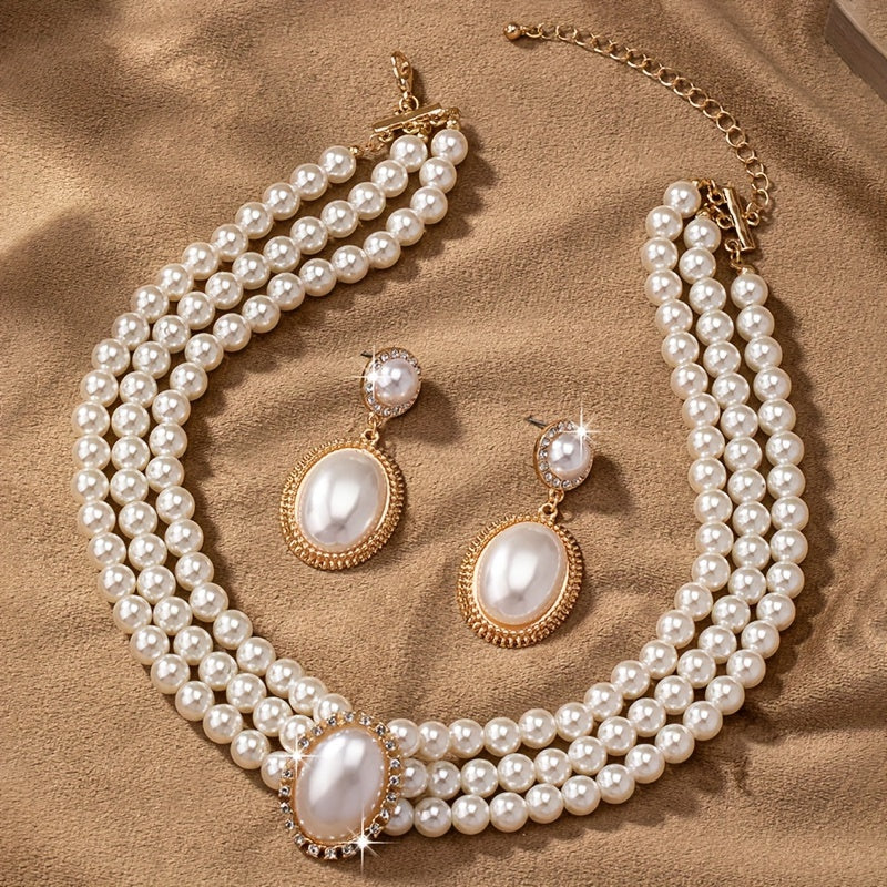 stylish Imitation Pearl necklace and a pair of stylish Imitation Pearl pendant earrings for Women&