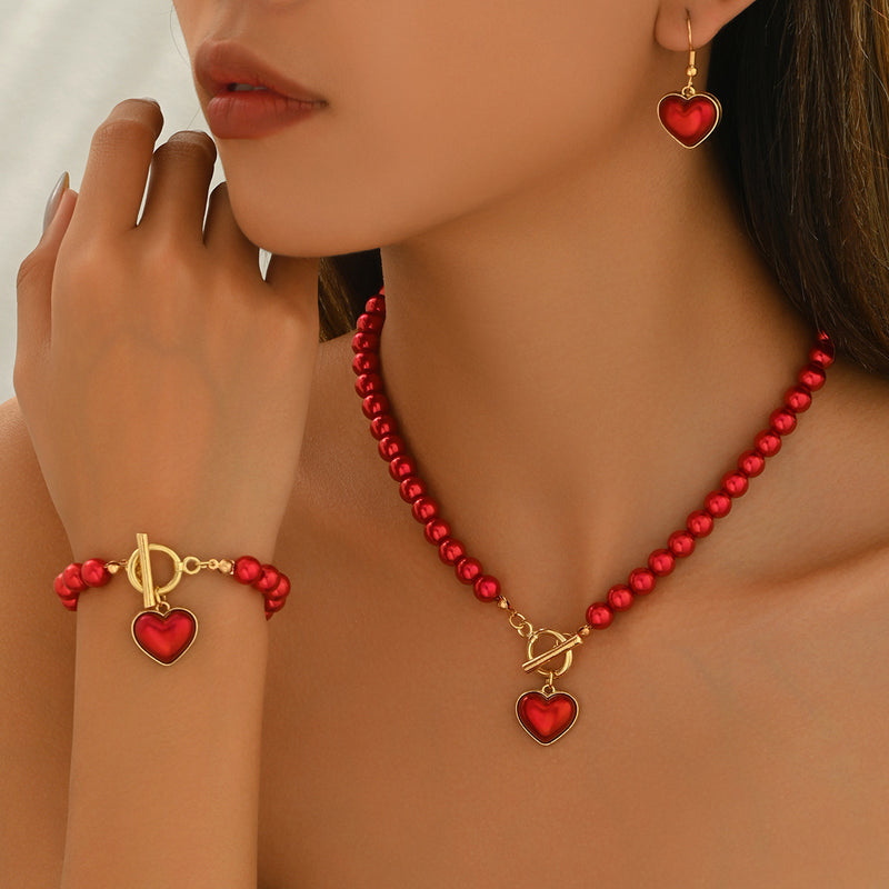 Vintage Red Bead Love Set Necklace, Bracelet and Earrings, Court Style Sweet Jewelry Three-Piece Set
