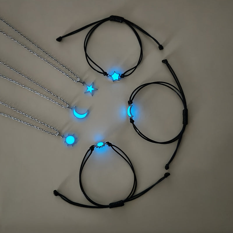 6pcs/Set Glow-in-the-Dark Sun Moon Stars Necklace Handwoven Fashion Cord Set
