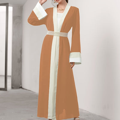 Cozy Comfort, Elegant Black and Cream Long Robe with Ruffle Sleeves - Polyester, Machine Washable, Casual Style for Women - Perfect for Spring/Summer/Fall