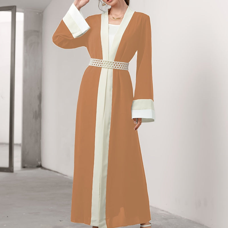 Cozy Comfort, Elegant Black and Cream Long Robe with Ruffle Sleeves - Polyester, Machine Washable, Casual Style for Women - Perfect for Spring/Summer/Fall