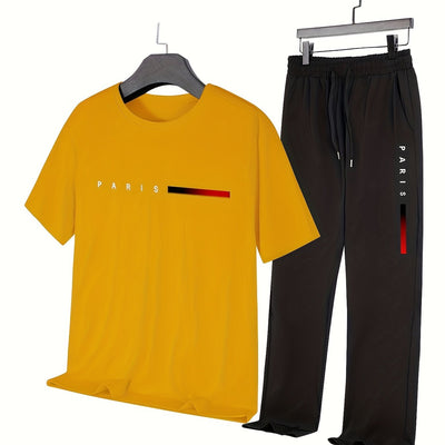 Men'S Casual Sports Two-Piece Set Short Sleeve Top Straight Leg Pants with Paris Print, Fashionable And Trendy, Ideal for Summer, Parties, Casual Outings, And Everyday Wear, Everyday Wear|Short Sleeve Top|Print Trousers