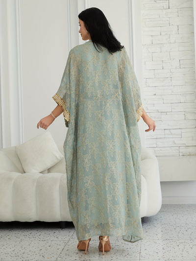 Oriental Style Sequined Lace Two-Piece Mesh Abaya Dress for Women, Middle Eastern Traditional Long Robe