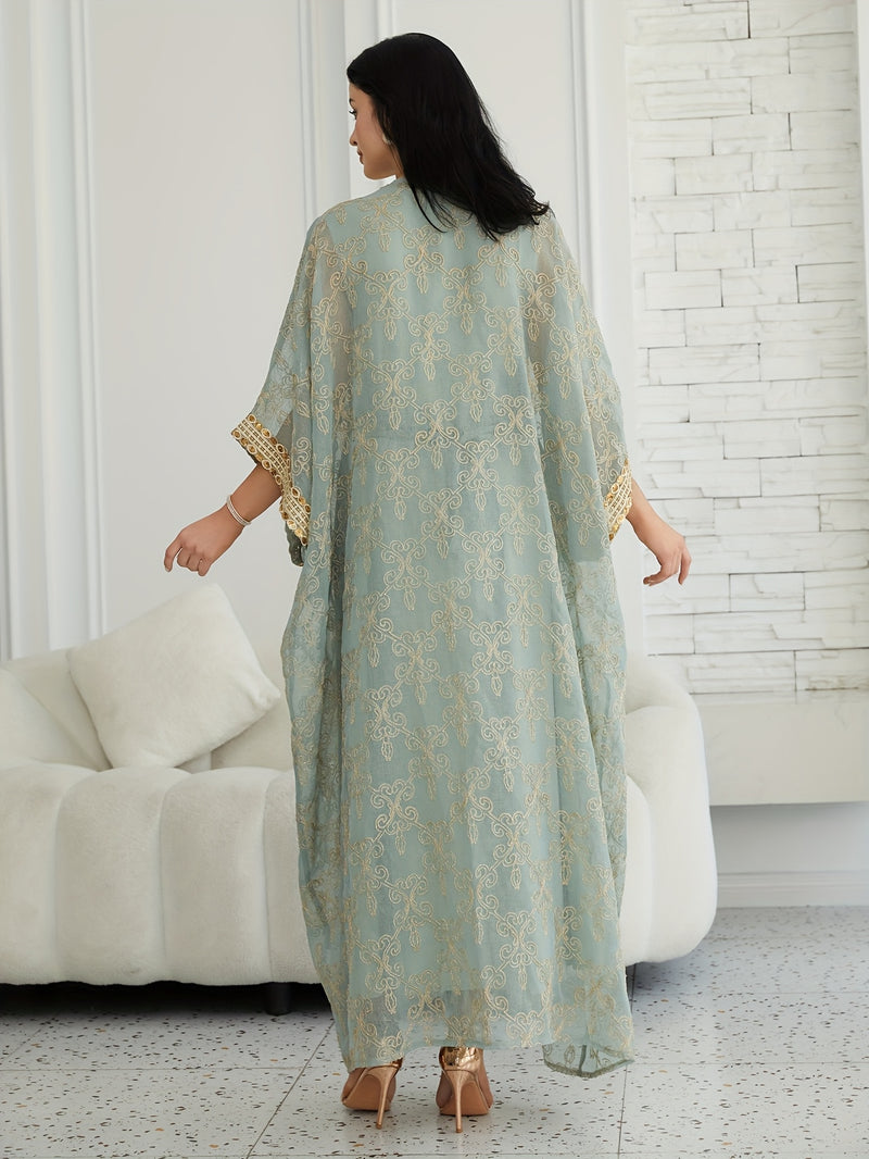 Oriental Style Sequined Lace Two-Piece Mesh Abaya Dress for Women, Middle Eastern Traditional Long Robe