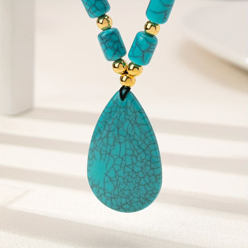 European and American cross-border retro fashion geometric teardrop pendant necklace, niche design beaded long sweater chain for women