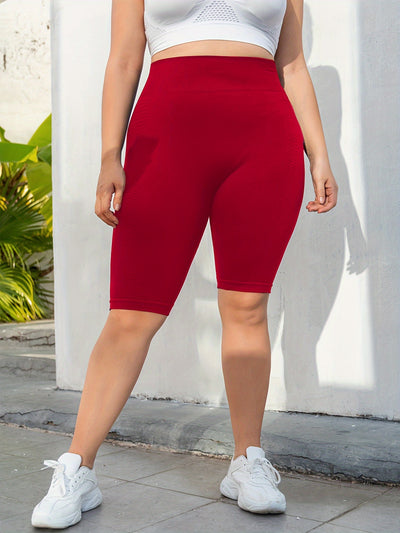 Plus Size Sports Shorts, Women's Plus Wide Waistband High Waist Seamless Running Yoga Shorts