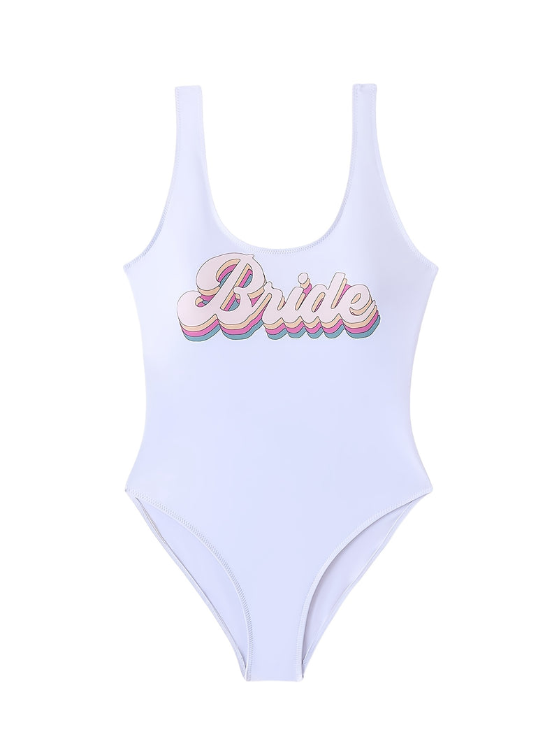New One-Piece Swimsuit for Western Featuring Digital Print Cartoon Letters, Perfect for Beach Sports.