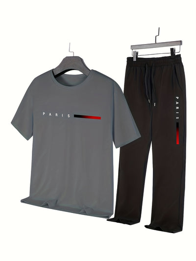 Men'S Casual Sports Two-Piece Set Short Sleeve Top Straight Leg Pants with Paris Print, Fashionable And Trendy, Ideal for Summer, Parties, Casual Outings, And Everyday Wear, Everyday Wear|Short Sleeve Top|Print Trousers