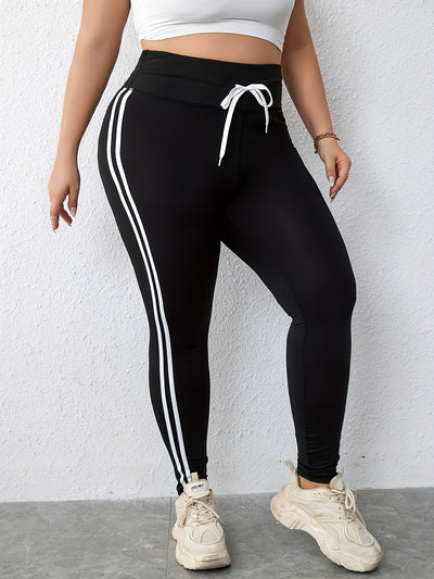Plus Size Women's High-Waist Flattering Drawstring Leggings - Soft, Stretchy, and Comfortable Wide Waistband Sports Yoga Tights for Fitness, Exercise, and Everyday Wear - Perfect for Spring and Autumn Seasons