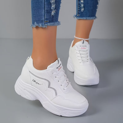 Women's White Platform Sneakers, Casual Lace Up Outdoor Shoes, Comfortable Low Top Sport Shoes