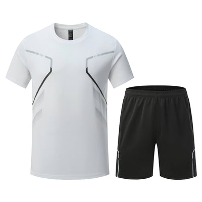 2pcs Men's Stripe Decor Short Sleeve T-shirt + Shorts Sports Set, Casual Quick-drying Summer Fitness Clothing As Gift
