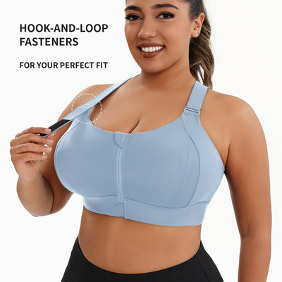 A Women'S Front-Zip Sports Bra, Featuring High Support And Plus Sizes, with Adjustable Straps, Suitable for Yoga, Fitness, And Workouts.