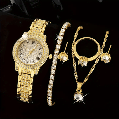 Women'S Watch Sets 6pcs Elegant Quartz Watch And Jewelry Set, Fashion Women'S Round Watch, Rhinestone Necklace, Earrings, Ring, Bracelet Set Suitable for Daily Wear And Best Holiday Gifts (No Box)